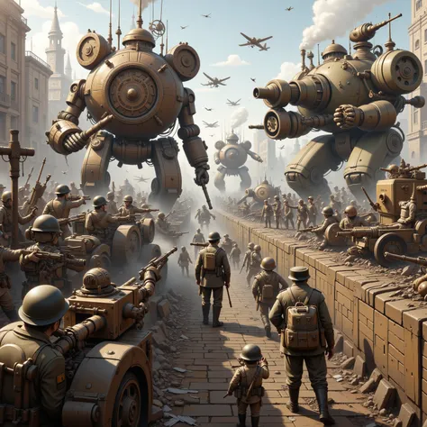 A world war 2 battle field, soldiers fight in trenches during a pitched battle of the allies versus the Nazis. Instead of tanks and planes lumbering steam powered mecha (British) and nimbler diesel fueled mecha (American and Nazi) fulfill the same role. Cl...