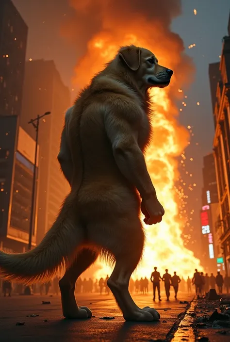 A towering, muscular humanoid golden retriever stands on a city street at night, gazing at a burning skyscraper in the distance. His golden fur glows under the flickering light of the inferno, highlighting his powerful physique. His deep-set, sorrowful yet...