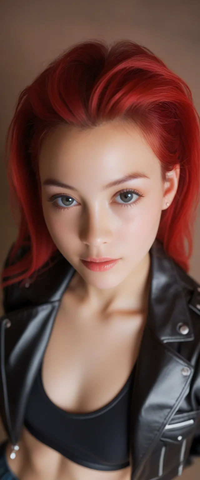  score_9_ above,  score_8_ above,  score_7_ above, abstract,  1 ,  alone, Age 25,   PERFECT FACE IN DETAIL, close view ,(adult), Sensual, red hair, looks at viewers, leather jacket,  black cropped top ,  Cyberpunk, portrait photo,  beautiful eyes, tiro de ...