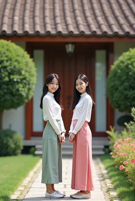 there are two pictures of a  standing in front of a house, a picture inspired by Ruth Jên, instagram, realism, dang my linh, with a garden, in garden, mid-transformation, photo taken in 2 0 2 0, in front of the house, ruan cute vtuber, ao dai, in style of ...