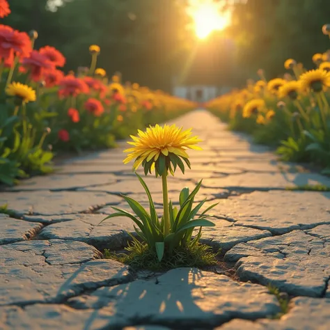 A breathtakingly detailed 3D render of a small dandelion dramatically bursting forth from a weathered, cracked gray pavement, its bright yellow petals unfolding like tiny trumpets, contrasted against the dull, mottled cement. The dandelion occupies center ...