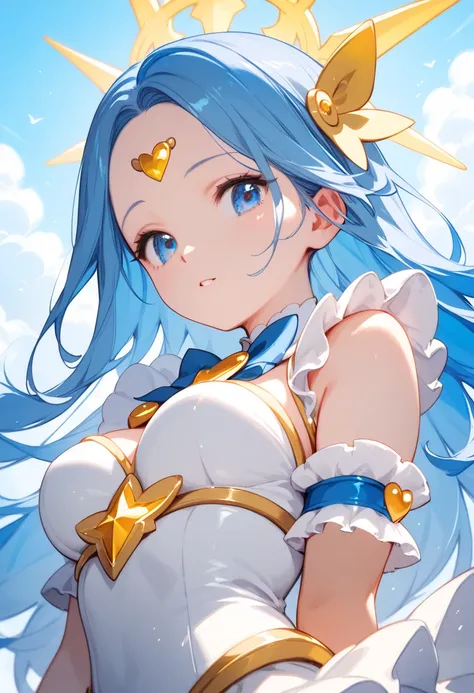 masterpiece, best quality, 1 girl, solo, medium breasts, blue eyes, forehead bangs, blue hair, long hair, looking side, from below, upper body, cute magical girl, cute frills magical girl costume, fantasy world, magical world