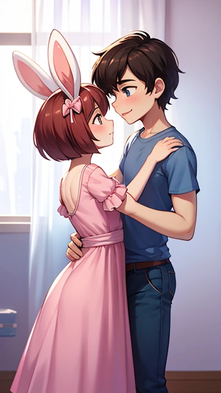 A romantic dance scene featuring Amirhossein Ajorlou (a human character) and Sara the Bunny (an anthropomorphic rabbit). Amirhossein gently holds Sara’s hands as they share a sweet moment together, looking into each other’s eyes. Sara wears a pink dress wi...