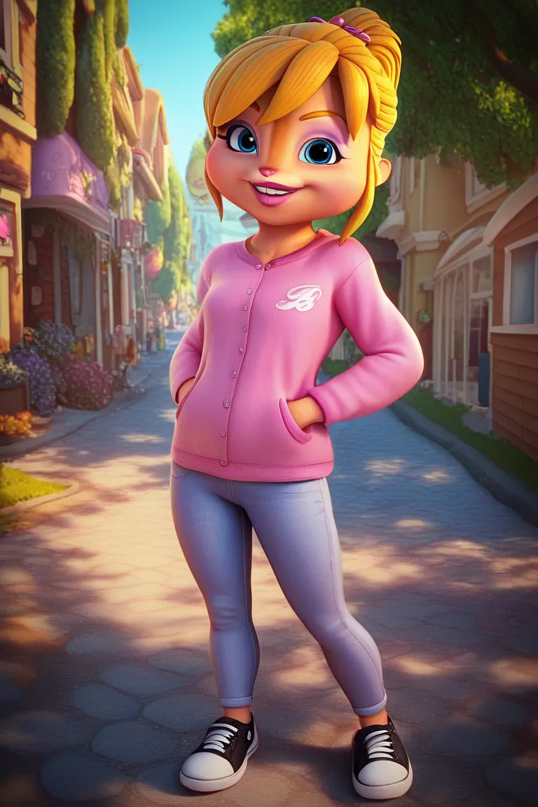 brittany miller, smile, 1girl, solo, chipmunk, detailed background, town, streets, trees, blonde hair, blue eyes, ponytail, makeup, white hoodie, pink jeans, black sneakers, hands in pockets, standing, looking at viewer, front view