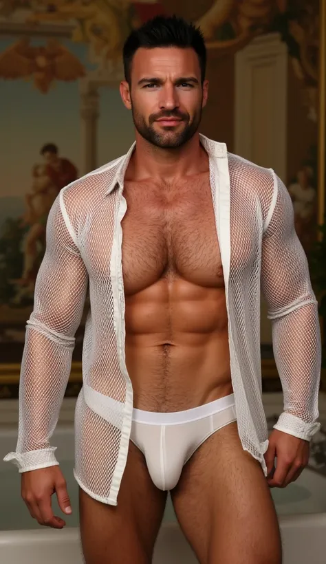 A sensual portrait of smiling Charles Dera in white thongs with double strings, standing in roman architecture bathroom with Renaissancestyle fresco walls. His open unbutton sheer net shirt clings slightly to his skin, hinting at his form beneath.