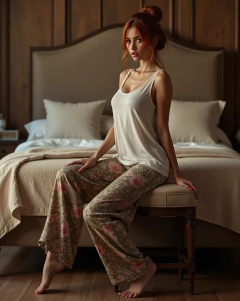 digital art by pino daeni, crumb full body portrait young woman with auburn hair in updo with smooth skin, wearing long oversize t-shirt, silk floral pajama pants, barefoot, sitting on boudoir stool next to bed, hourglass figure, posing in initimate boudoi...