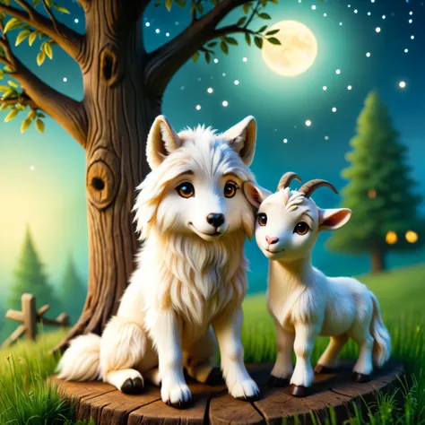 (( a wolf and a goat )),A heartwarming illustration of  a wolf and a goat  as adorable and friendly characters,  inspired by the story 'A Stormy Night'  ( In Stormy Night ). The wolf has soft ,  fur and gentle eyes ,  while the goat is cheerful with a bril...