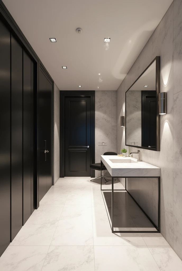 Professional three-dimensional perspective rendering of architecture in a minimalist and modern style from the interior design of a very luxurious entrance space to a square of five meters wide and five meters long in a very luxurious and expensive apartme...