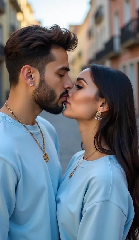 Couple of boyfriends :
men's light-skinned model Short defined beard thick and shiny lips thick eyebrows outlined short brown hair honey eyes with the necklace with the letter M wearing a light blue sweatshirt is kissing Fernanda Villalobos on the mouth, l...