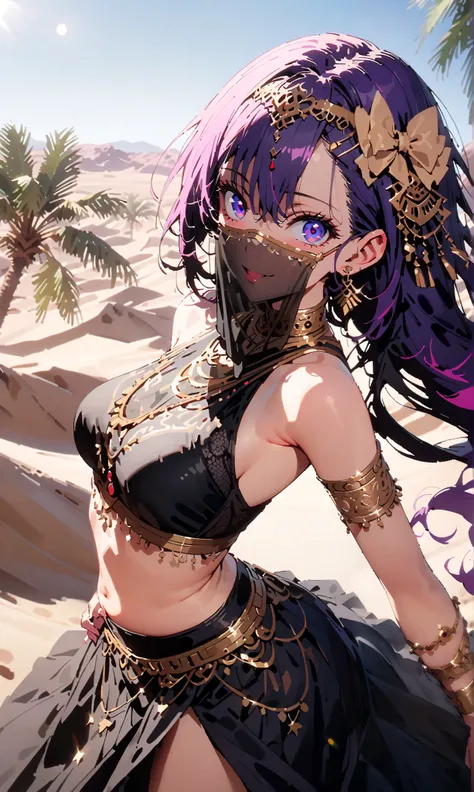aihoshino,  Hoshino Ai,   long hair, bangs, ( purple eyes:1.1),   purple hair, (Symbolic student  :1.5), smile,,  hair bow,,   Arabic costume ,   dancer , mouth Veil,  Belly Dance, Veil,   armlet,   palm tree  , Dancing,Bare legs, 両手で三角shapeのおにぎりを持っている ,  ...