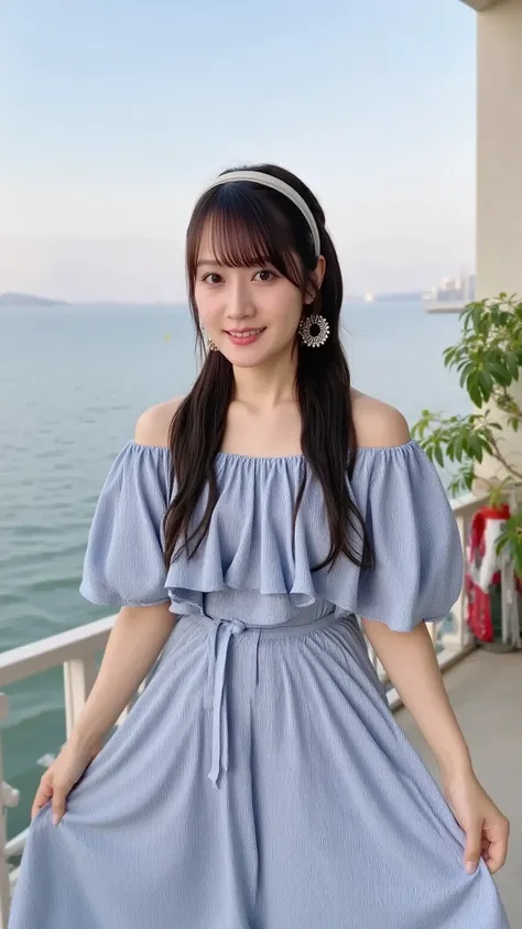  「 a woman wearing a gorgeous off-the-shoulder dress 、Standing with the sunset in the background 。 her long black hair swaying in the wind 、 A simple yet elegant dress enhances her elegance。 she places one hand on her waist 、 the other one is lightly stret...