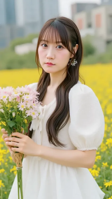  「 a woman wearing a gorgeous off-shoulder blouse、 standing in a field of flowers。Her hair is loosely wrapped 、 her white blouse is perfect for the spring vibe 。 while holding a bouquet of flowers in her hands 、 she has a beautiful expression in harmony wi...