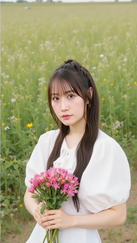  「 a woman wearing a gorgeous off-shoulder blouse、 standing in a field of flowers。Her hair is loosely wrapped 、 her white blouse is perfect for the spring vibe 。 while holding a bouquet of flowers in her hands 、 she has a beautiful expression in harmony wi...