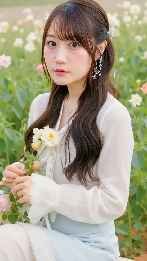  「 a woman wearing a gorgeous off-shoulder blouse、 standing in a field of flowers。Her hair is loosely wrapped 、 her white blouse is perfect for the spring vibe 。 while holding a bouquet of flowers in her hands 、 she has a beautiful expression in harmony wi...