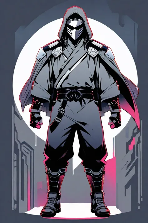  Cyberpunk Ninja Action Novel。solo ninja 。((white background illustration ))。(( full body illustration))。(( Standing))。cyberpunk ninja mask。Ninja costume in the style of an authentic martial artist。silver ninja costume。Wear protectors on your shoulders, el...