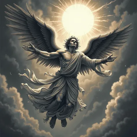 A highly detailed illustration of Lucifer in freefall from the heavens, his body twisting with raw energy and emotion. His powerful wings, once majestic, are now torn and unraveling, caught in the violent rush of wind as he descends. His outstretched arms ...