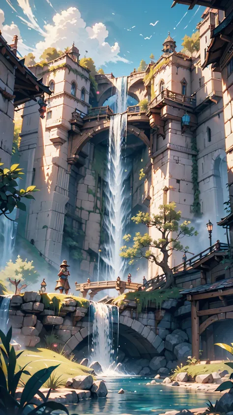  arafade view of a waterfall with a tower and waterfall in the background,  fantasy matte paint， cute,  Landscape,  game art matte painting ,   Illustration  , Dota!  Beautifully detailed waterfall  , Dota  Beautifully detailed waterfall  , 2.  5d cgi anim...