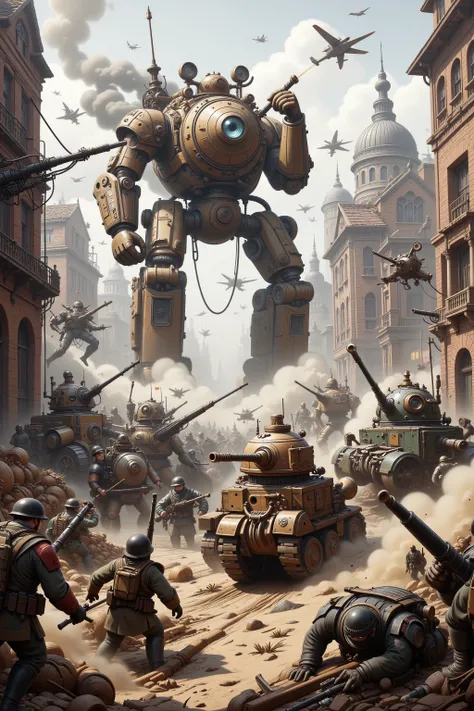 A world war 2 battle field, soldiers fight in trenches during a pitched battle of the allies versus the Nazis. Instead of tanks and planes lumbering steam powered mecha (British) and nimbler diesel fueled mecha (American and Nazi) fulfill the same role. Cl...