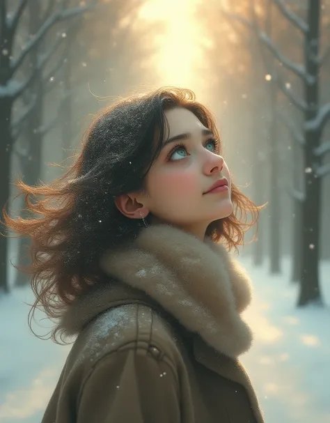   a girl, the game sucks, green-eyed, winter,( Close-up of the upper body ),  Woman walking down a tree-lined street where powdered snow flutters   ,forehead  ,Asahi, Beautiful gradation  ,  is written in depth , The particles of light and powdery snow flo...