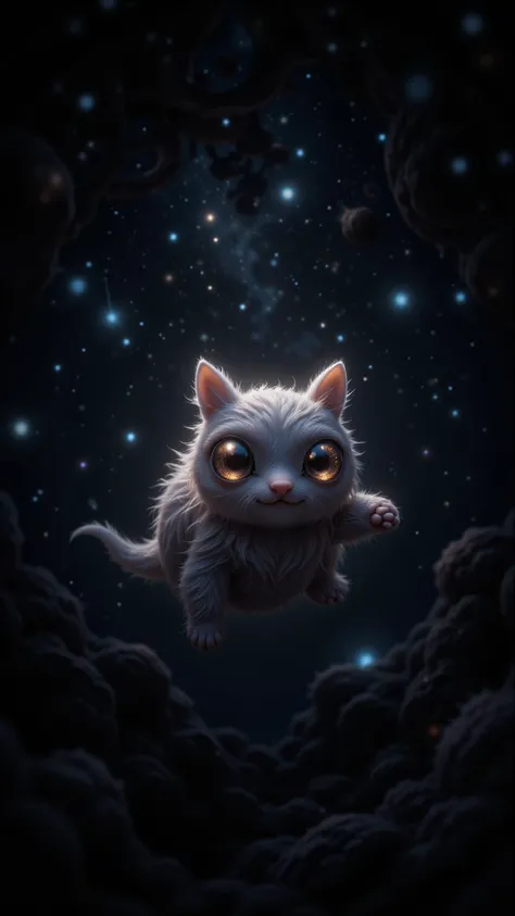 On the floating new moon in the starry sky ， there is a charming and strange little creature ， It has stitched together fur and big eyes， microluminous but emitting a mysterious atmosphere 。