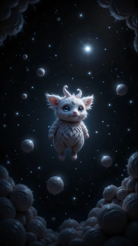 On the floating new moon in the starry sky ， there is a charming and strange little creature ， It has stitched together fur and big eyes， microluminous but emitting a mysterious atmosphere 。