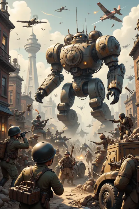 A world war 2 battle field, soldiers fight in trenches during a pitched battle of the allies versus the Nazis. Instead of tanks and planes lumbering steam powered mecha (British) and nimbler diesel fueled mecha (American and Nazi) fulfill the same role. Cl...