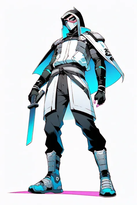  cyberpunk ninja action novel。solo ninja 。((white background illustration ))。(( full body illustration))。(( Standing))。cyberpunk ninja mask。Authentic martial arts attire。silver ninja costume。Wear protectors on your shoulders, elbows, and knees。