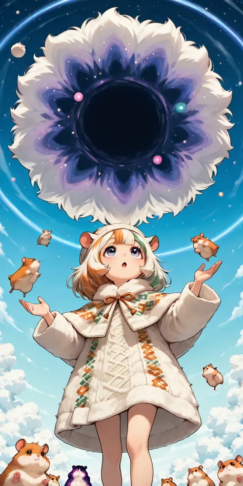 solo,1girl\(looking up at the sky,Hamuko-chan, cream-color hair,bangs, knit dress\( knit, Nordin scandinavian pattern\),nit capelet\( knit,nordin Scandinavian pattern\), knit cap\(knit,nordin Scandinavian pattern\),hamster ears\). BREAK .background\((many ...