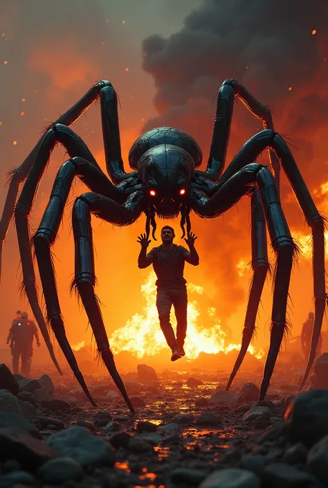 A massive, muscular spider emerges from the raging inferno of a burning house, carrying an injured man in its powerful, clawed forelegs. The spider's glossy black and crimson exoskeleton glows under the flickering flames, its sinewy limbs flexing with imme...