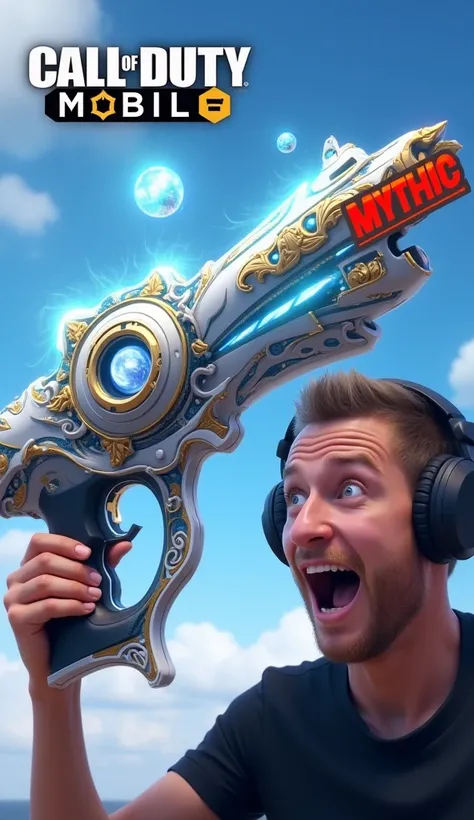 "A shocked male gamer wearing black headphones and a black shirt, reacting with excitement. He is looking at a futuristic, mythic-tier weapon with glowing blue energy, intricate white and gold designs, and a floating orb in the center. The weapon appears t...