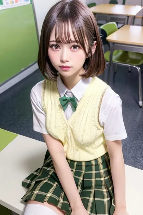 nsfw,upskirt,one woman,(school uniform,lemonchiffon knit vest,white dress shirt,yellowgreen pleated skirt),spread legs,panty shot,sitting,whole body,cute face,pink bob hair,from above,in the classroom,high quality,photorealistic,masterpiece,highly detailed...