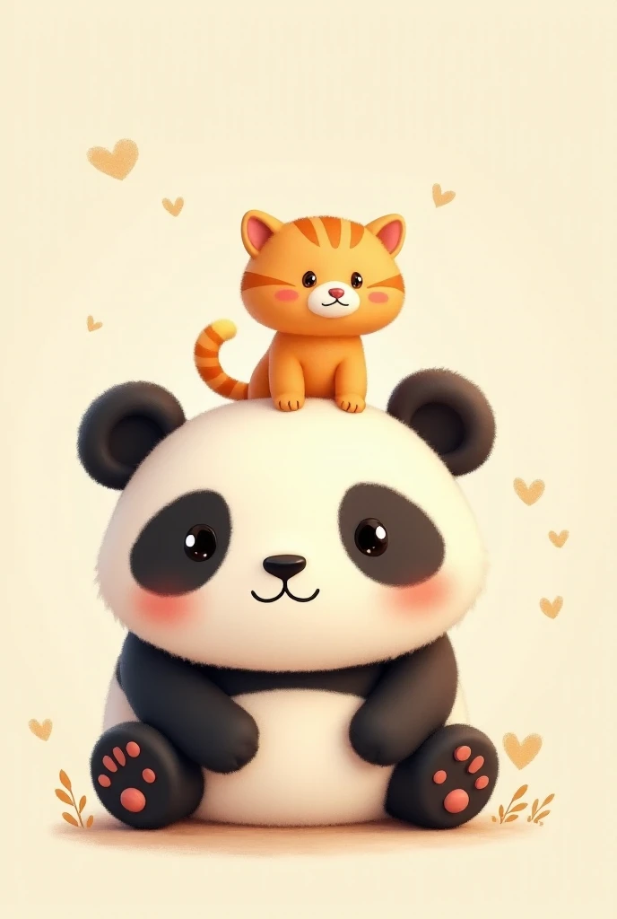 a charming miniature orange tabby kitty with bright curious eyes, a fluffy mustache and a tiny pink nose, standing on her hind legs behind a plush giant panda with a sweet gentle expression, soft black and white fur and a barely noticeable smile, all this ...