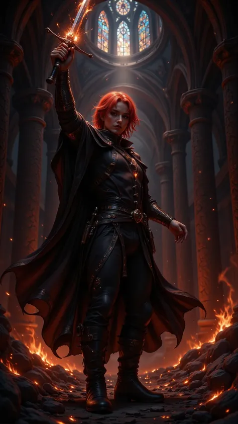  Shanks is a tall and impressive character， red hair and flowing black cloak ， Shanks raised unsheathed sword ， surrounded by indoor flames 。Scene full of light particles ，ruins， window frames and orange-themed ashes 。