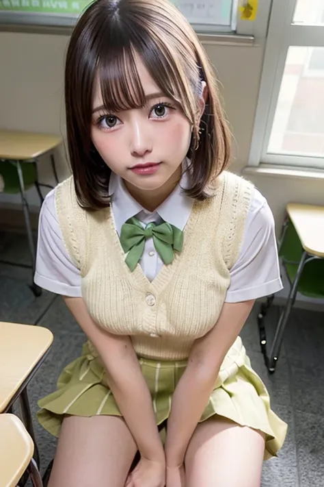 nsfw,upskirt,one woman,(school uniform,lemonchiffon knit vest,white dress shirt,yellowgreen pleated skirt),spread legs,lift up skert,panty shot,sitting,whole body,cute face,pink bob hair,from above,in the classroom,high quality,photorealistic,masterpiece,h...