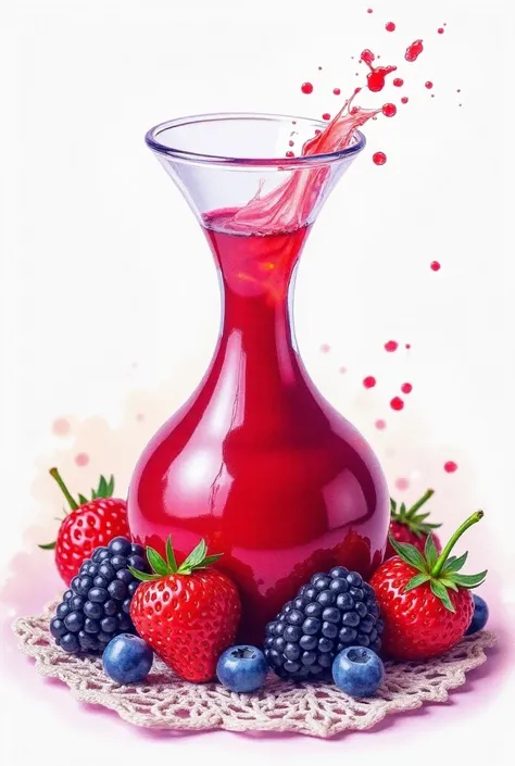 HIGH DETAIL , HD , HIGH QUALITY, 16K, SOFT WARM COLORS, SOFT LIGHT, Impasto watercolor PAINTING,berry mix, decanter with juice, lace napkin, watercolor, clear focus, studio photo, complex details, high detail