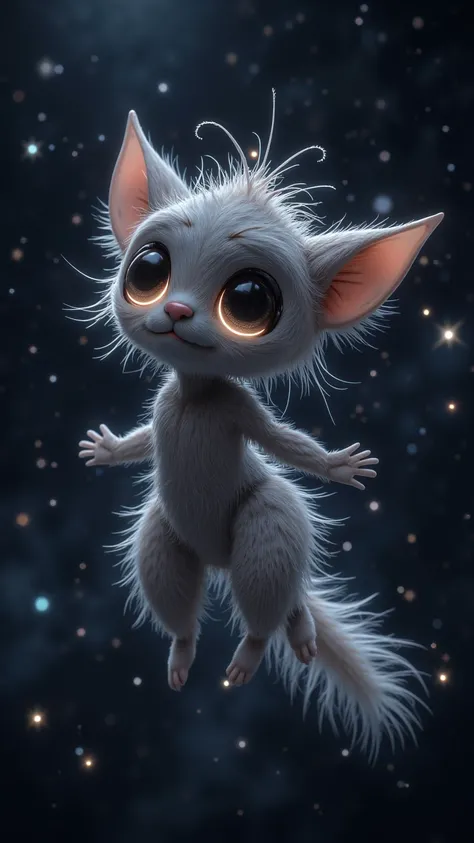 On the floating new moon in the starry sky ， there is a charming and strange little creature ， It has stitched together fur and big eyes， microluminous but emitting a mysterious atmosphere 。