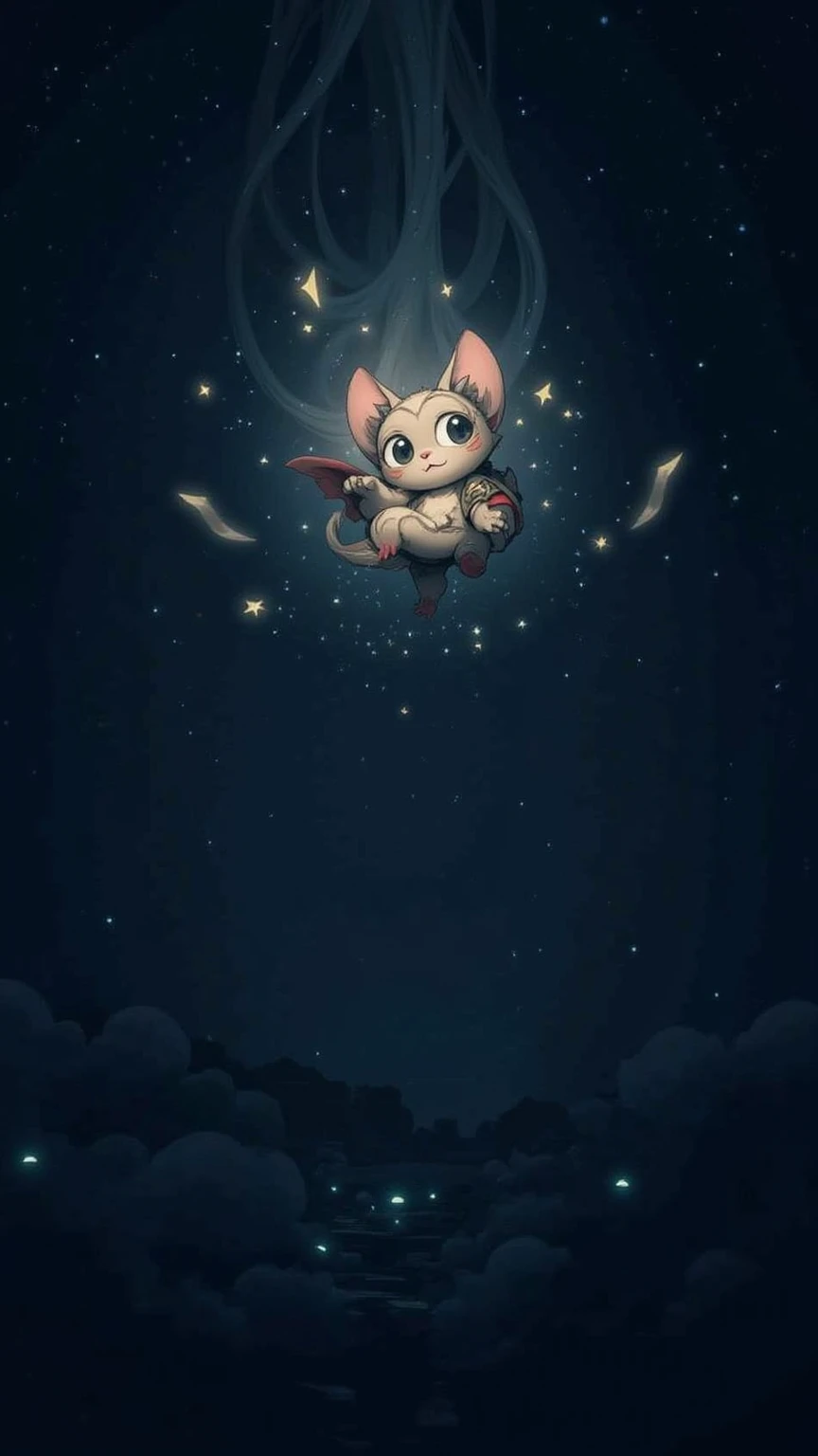 On the floating new moon in the starry sky ， there is a charming and strange little creature ， It has stitched together fur and big eyes， microluminous but emitting a mysterious atmosphere 。