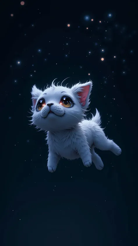 On the floating new moon in the starry sky ， there is a charming and strange little creature ， It has stitched together fur and big eyes， microluminous but emitting a mysterious atmosphere 。