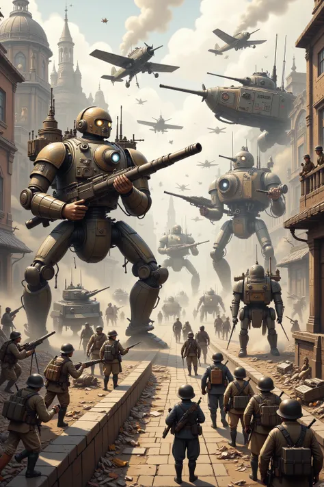 A world war 2 battle field, soldiers fight in trenches during a pitched battle of the allies versus the Nazis. Instead of tanks and planes lumbering steam powered mecha (British) and nimbler diesel fueled mecha (American and Nazi) fulfill the same role. Cl...