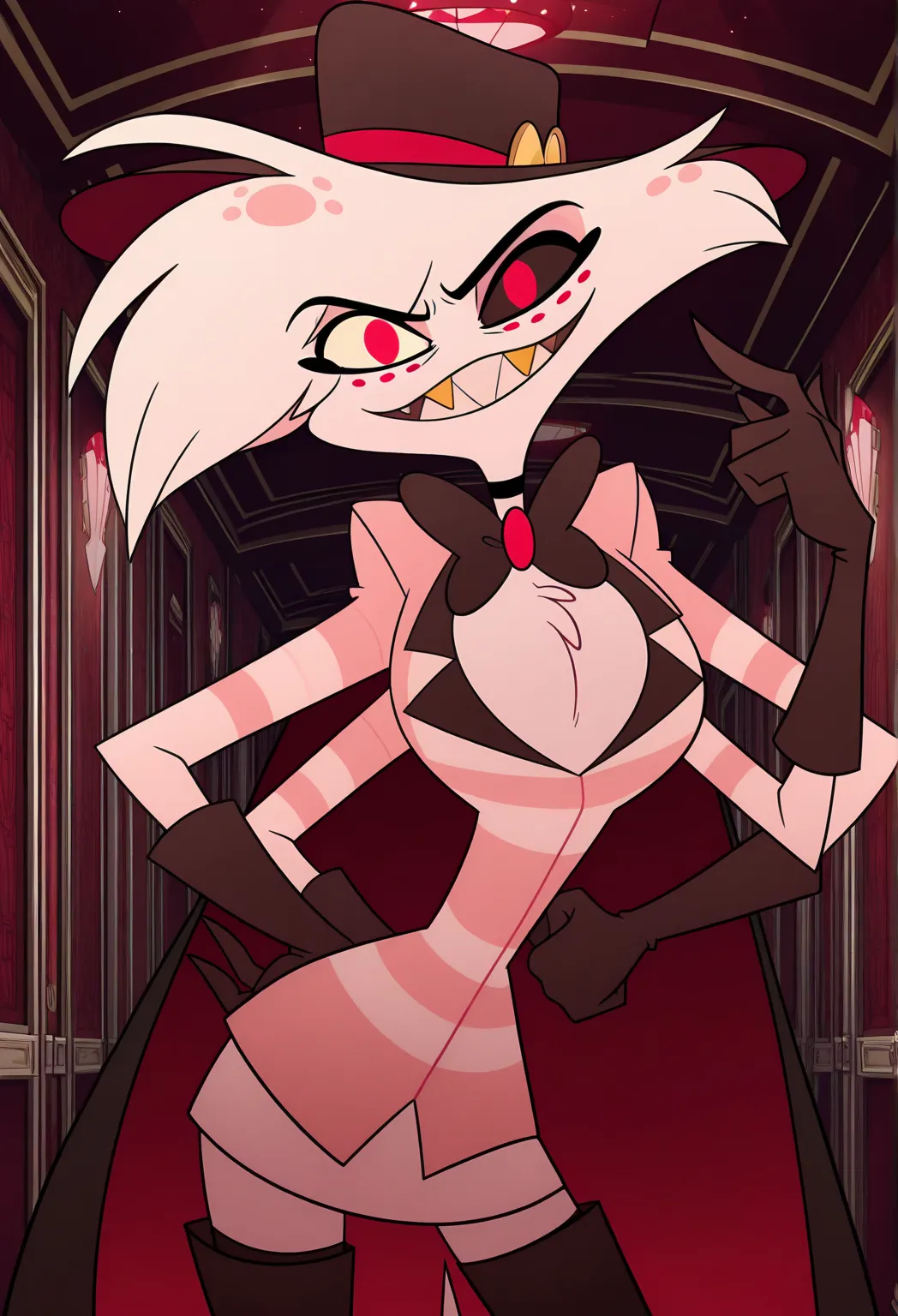 anime screencap, absurdres, high quality, official style, angel dust, \(hazbin hotel\), anthro, four arms, male anthro, male anthro spider, freckles, pink body, light pink fur, light pink body, colored sclera, black sclera, fedora hat, white sclera, no pup...