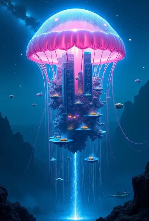 **"A futuristic city floating inside a giant, glowing jellyfish, with bioluminescent skyscrapers and underwater vehicles shaped like sea creatures. The sky above is a swirling galaxy, and the jellyfish's tentacles are made of flowing neon light, connecting...