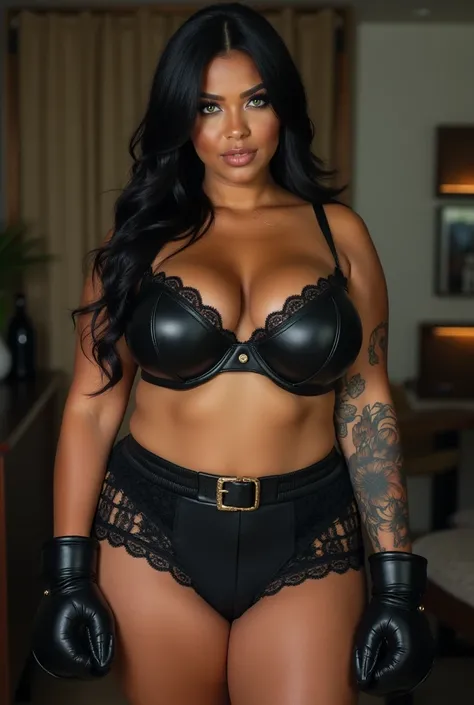 stunning and gorgeous thick  voluptuous woman  with  huge breasts and  thick thighs, thick curve body,  leather bra and black lace ,  boxing shorts in black leather and lace , socks, jump, Muscular, curve, thick,  thick thighs,  black hair like pitch ,  be...