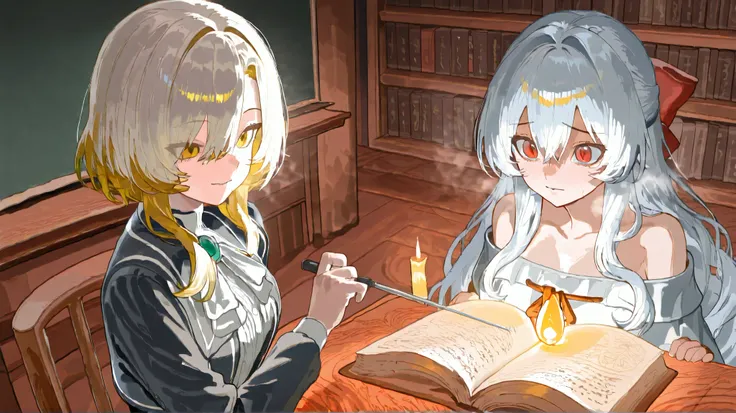 Scene Description:
A grand, dimly lit library with towering bookshelves filled with ancient tomes. The warm glow of floating lanterns and candlelight illuminates the room, casting soft shadows across wooden desks and chairs. The air is filled with the scen...