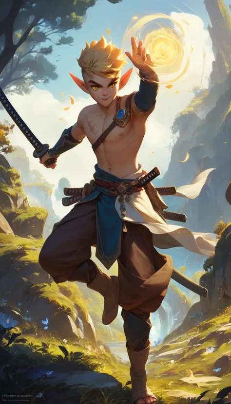 masterpiece, superior quality, best quality, masterpiece, detailed , elf boy, 23 years old, short hair, blonde hair, braid,  yellow eyes, slender, a scar running from the left eyebrow to the left cheek, two katana, scenary, full body, perfect eyes, forest ...