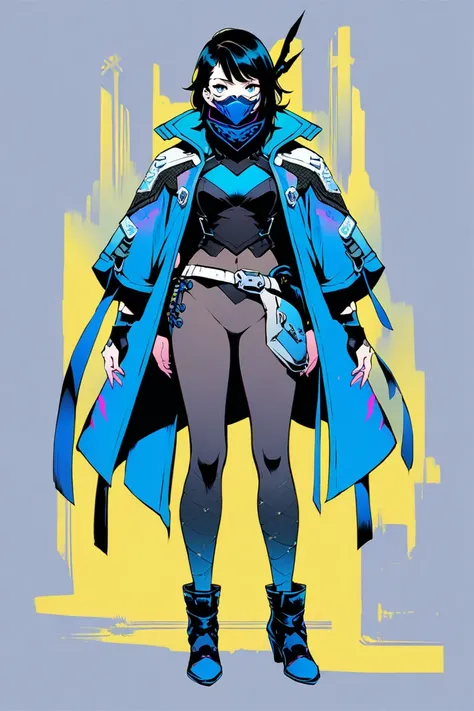  cyberpunk ninja action novel。One female ninja。((white background illustration ))。(( full body illustration))。(( Standing))。cyberpunk ninja mask。Blue ninja costume in the style of a female magician in a fantasy world。Wear protectors on your shoulders, elbo...