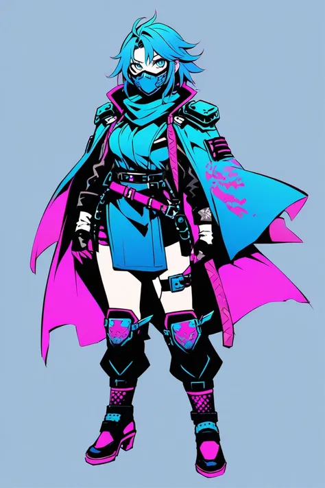  cyberpunk ninja action novel。One female ninja。((white background illustration ))。(( full body illustration))。(( Standing))。cyberpunk ninja mask。Blue ninja costume in the style of a female magician in a fantasy world。Wear protectors on your shoulders, elbo...