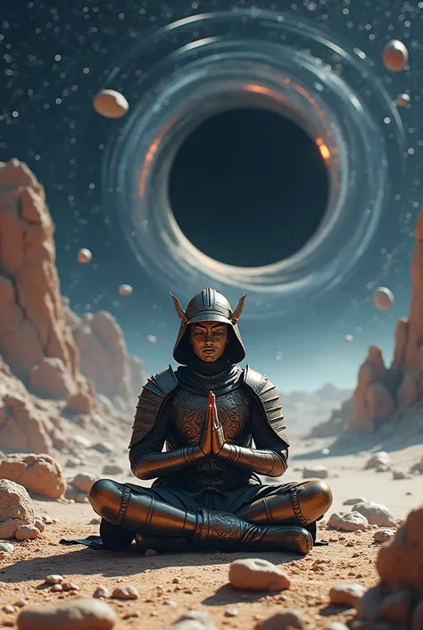 In the vast expanse of space, a space samurai sits cross-legged on the surface of a small, rocky planet, surrounded by floating fragments of stone. The samurai wears an ornate mask that reflects the shimmering light of the stars, and his hands are gently p...