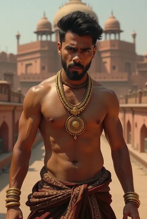 "A young Indian man with a short beard, muscular  8 abs physique, and chiseled abs. He wears a traditional chochlate brown dhoti with gold embroidery, leaving his upper body bare, adorned with an ornate gold necklace and multiple gold bangles. His thick, w...