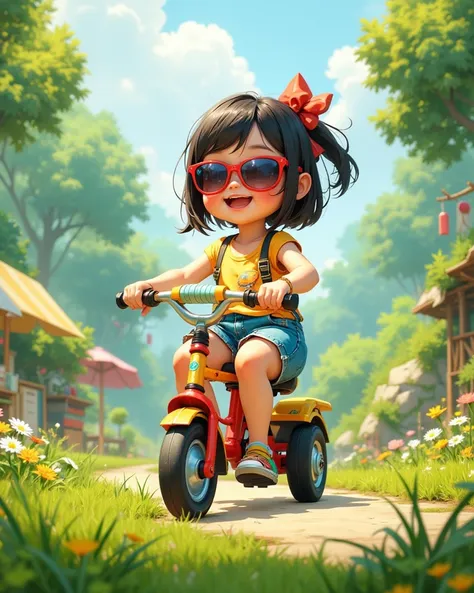 petit girl , riding a tricycle , bob cut , taper , sunglasses , ribbon hair tie , smile