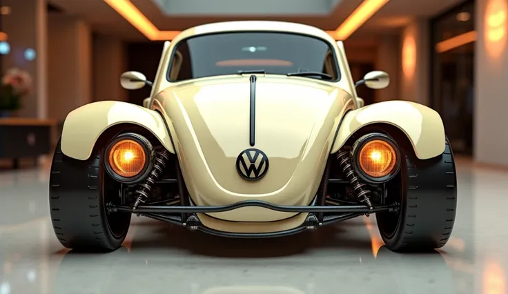 "A 3D-rendered image of a modified classic Volkswagen Beetle captured in a straight front view. The design is aggressively lowered, giving it a squat and wide stance. The rugged and bold aesthetic features an open, exposed structure with a heavily reinforc...